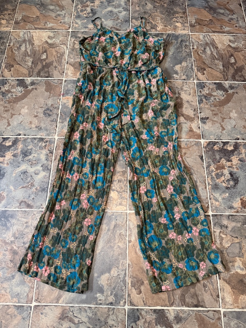SO Olive Floral Wide-Leg Jumpsuit with Blue and Pink Accents
